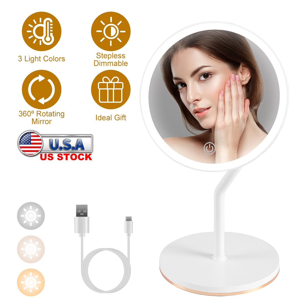 Dimmable 5X Lighted Makeup Mirror with 3 Light Colors & 360° Rotation