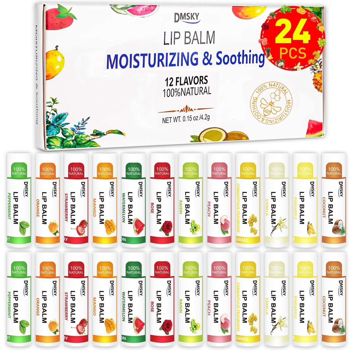 Natural Lip Balm Set with Coconut Oil & Vitamin E - 12 Flavors, Bulk Moisturizer for Dry Lips