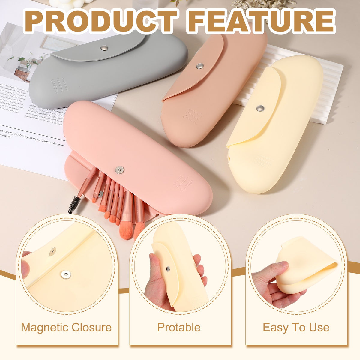 Silicone Makeup Brush Holder Travel Cosmetic Bag with Magnetic Closure - Yellow