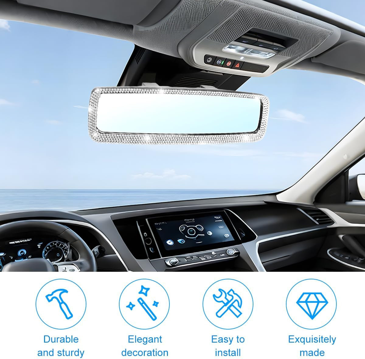 10.83 Inch Rhinestone Rearview Mirror with HD Glass Surface - Silver
