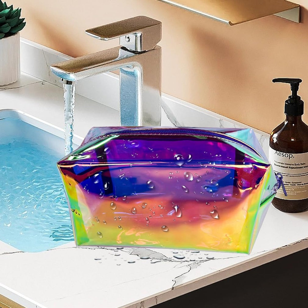 Holographic Waterproof PVC Cosmetic Toiletry Bag Travel Organizer - Purple