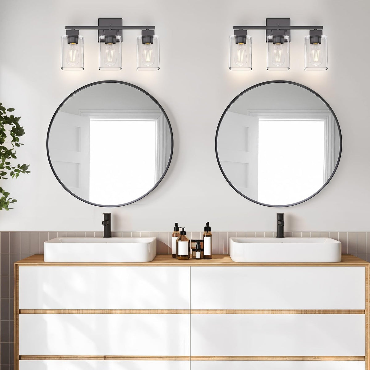 Matte Black Bathroom Vanity Light 3-Light Wall Sconce with Glass Shades