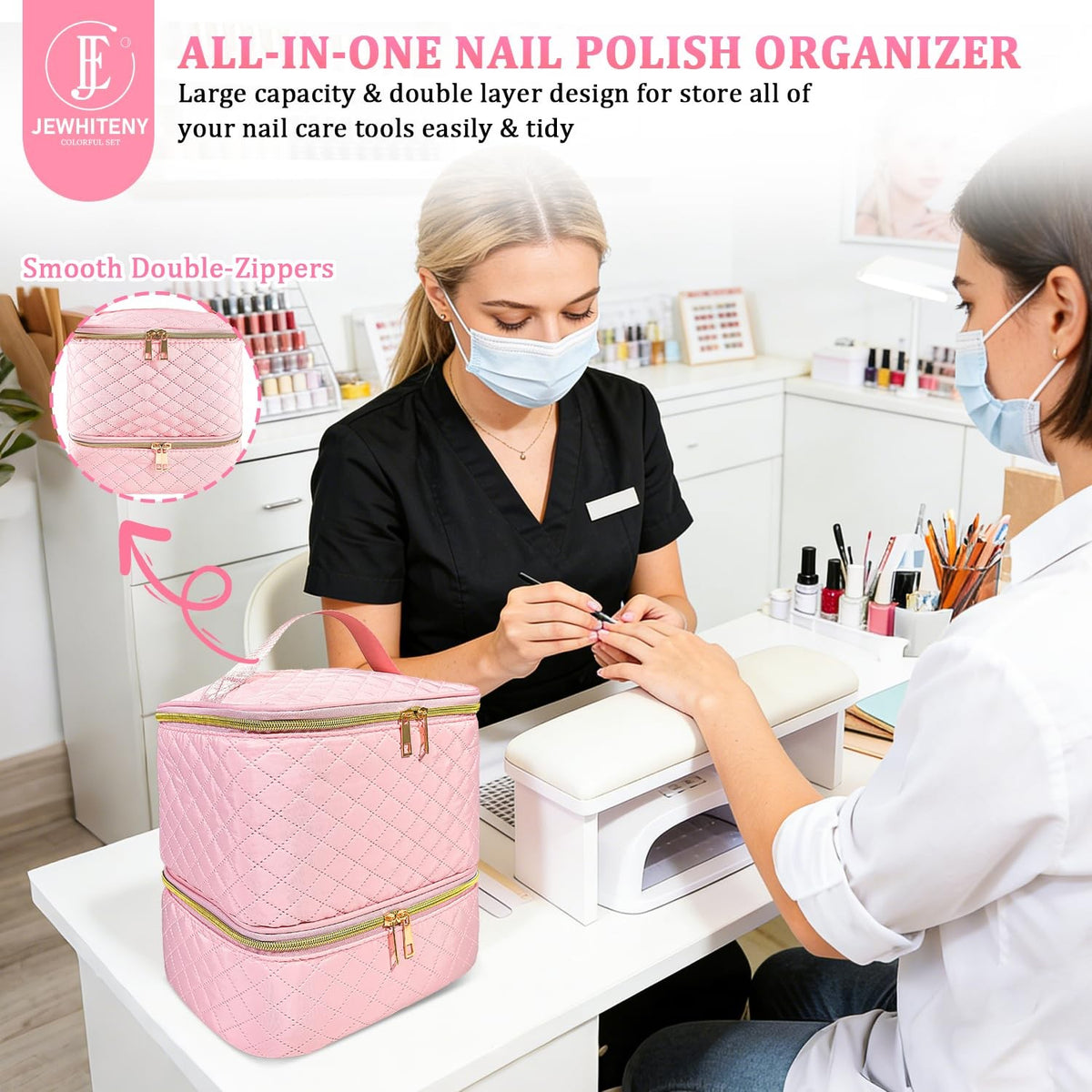 Pink Double Layer Nail Polish Organizer Bag Holds 30 Bottles & Lamp Kit