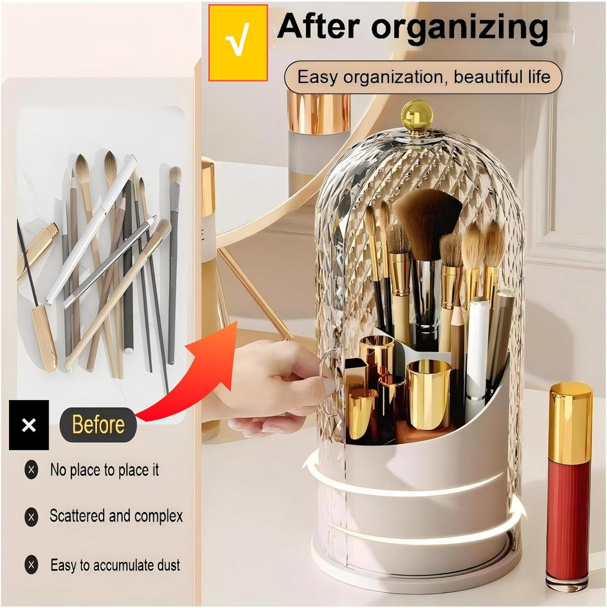 360 Rotating Makeup Brush Holder with Lid, Waterproof Dustproof Organizer
