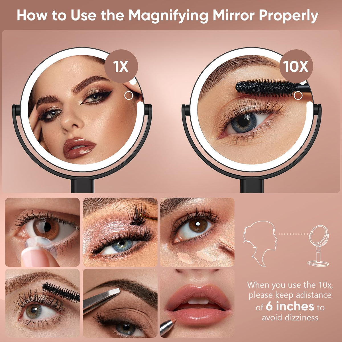 Lighted Makeup Mirror with 10X Magnification, Rechargeable LED, Adjustable Brightness