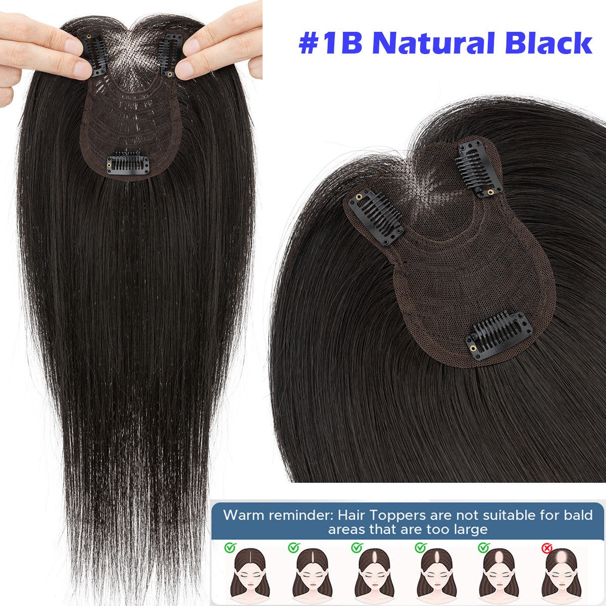 Remy Human Hair Clip-In Topper with Silk Lace Base & Bangs - Custom Sizes & Colors