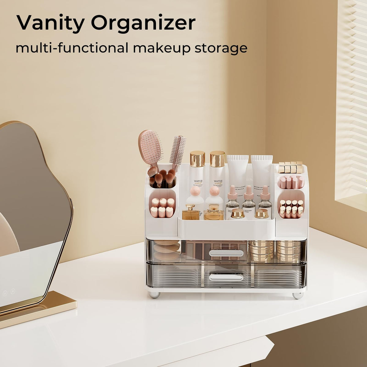 Makeup Organizer with 2 Large Drawers and Dual Brush Holders for Vanity & Bathroom