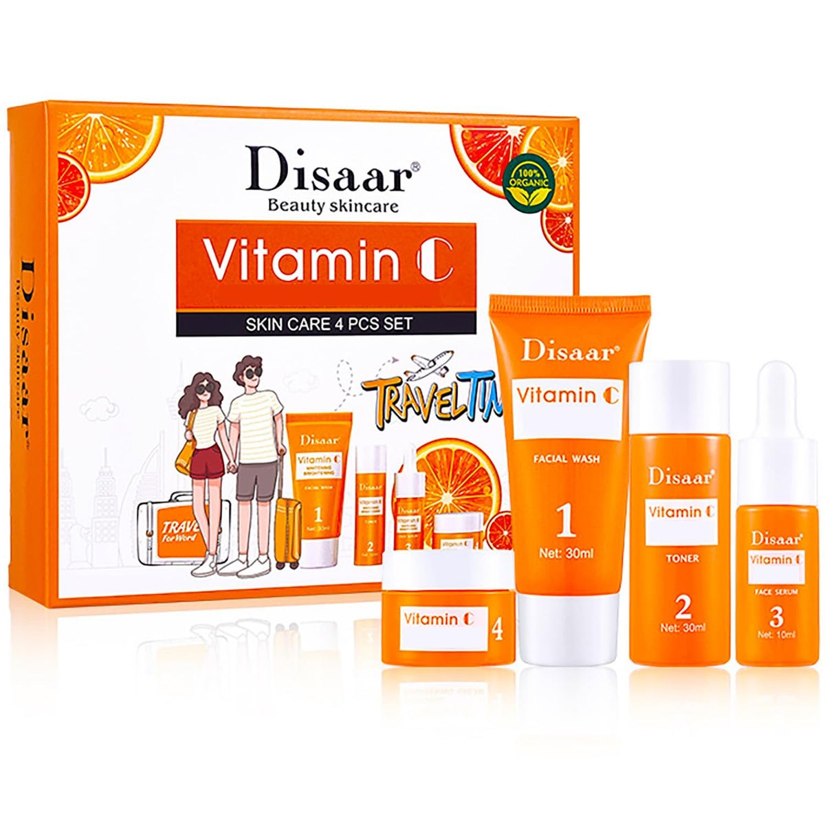 Vitamin C Skin Care Set with Orange Extract - Travel Kit, Brightening & Hydrating - 4 Pieces