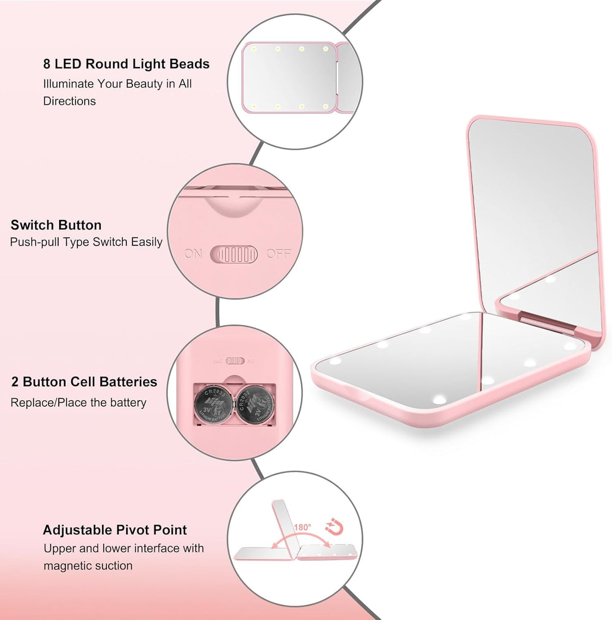 LED Pocket Mirror with 1X/3X Magnification & Bright Lights, Compact Travel Makeup Mirror