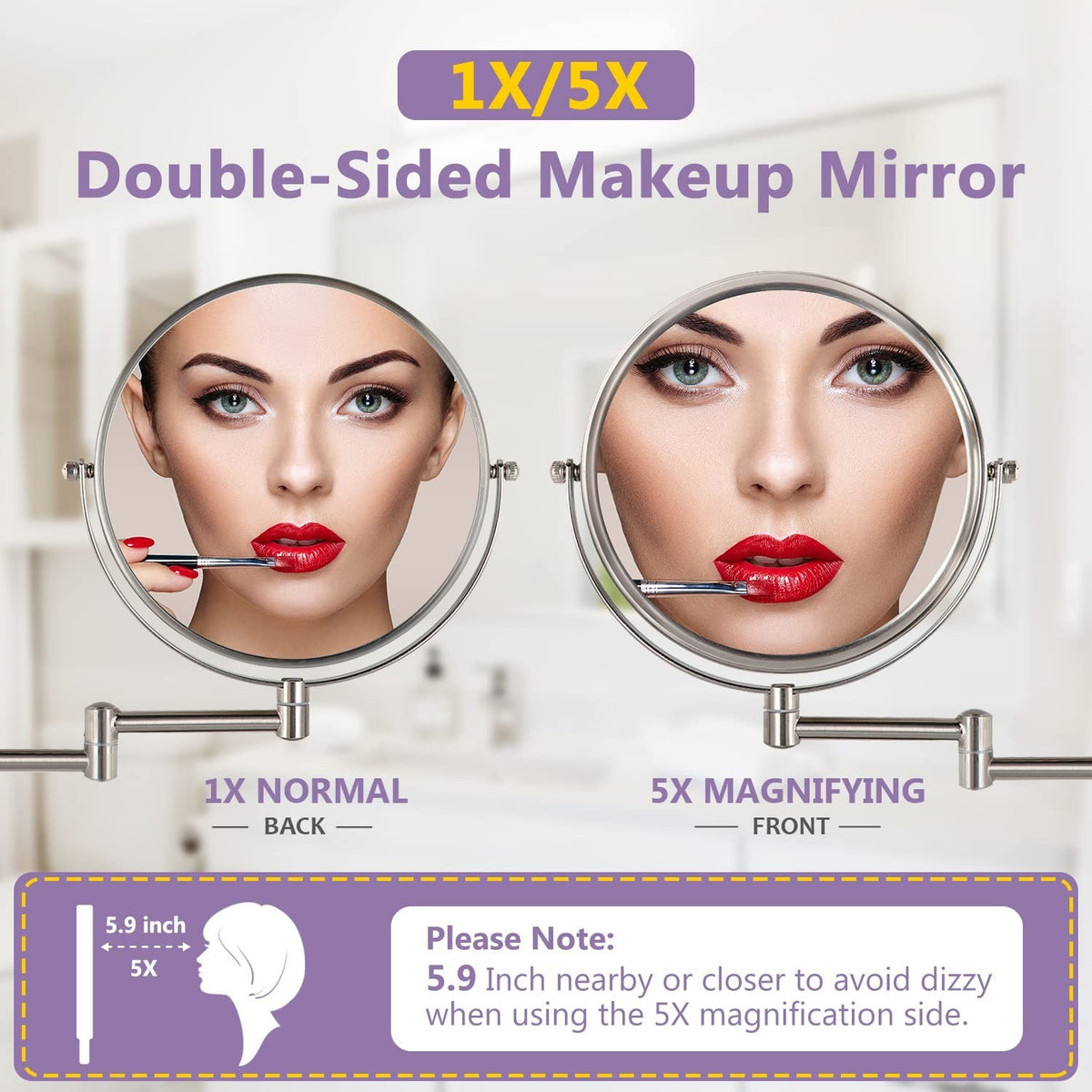 Wall Mounted Makeup Mirror with 1X/5X Magnification - 8 Inch Extendable Double Sided Bathroom Mirror