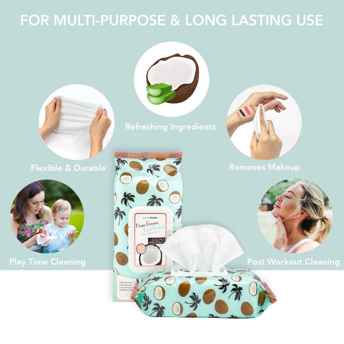 Facial Cleansing Wipes with Coconut, Aloe & Vitamin C - 50 Count