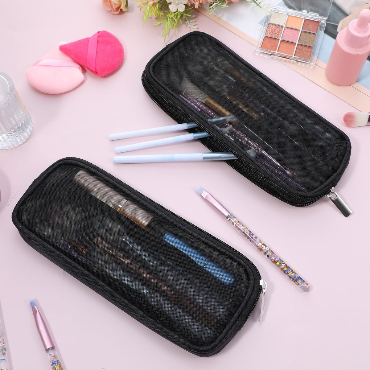 Mesh Makeup Brush Bag - Portable Travel Toiletry Organizer - Black Nylon 2 Pack