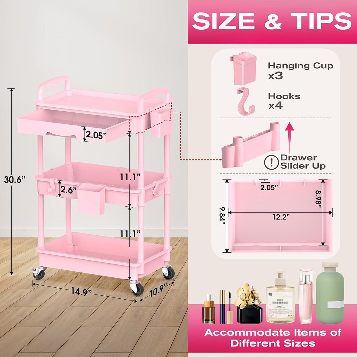 Rolling Makeup Organizer Cart with Removable Drawer, 3 Tiers Pink