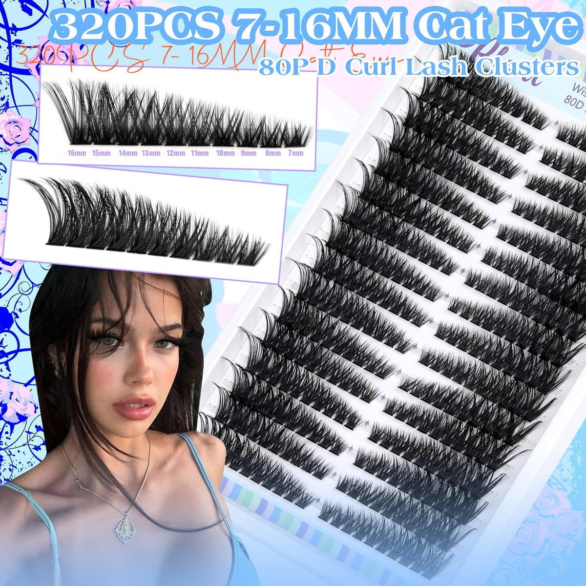 Individual Lash Clusters 320 Pcs Black Cat Eye Style Eyelash Extensions