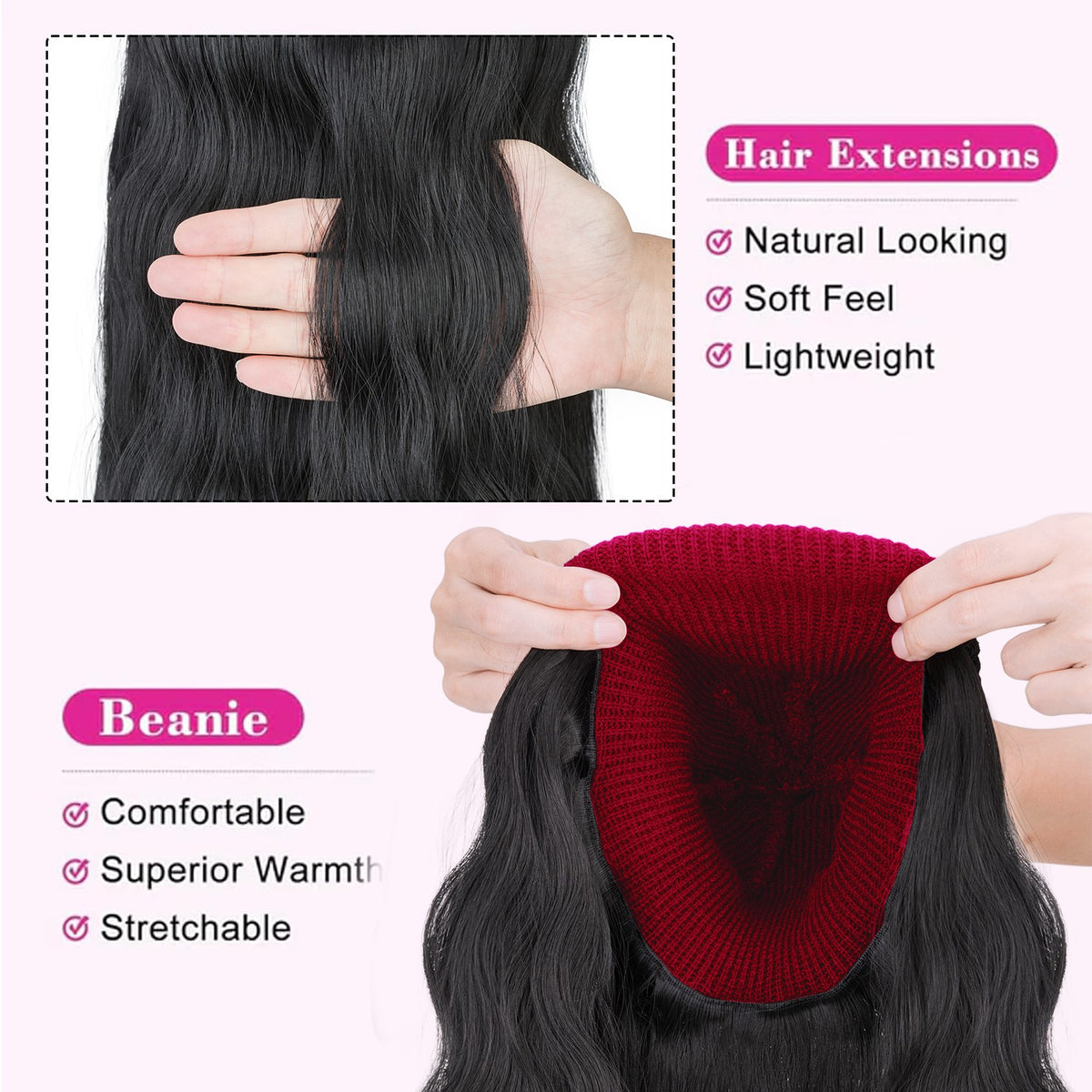 Winter Beanie Hat with Attached Hair Water Wave Style - Multiple Colors