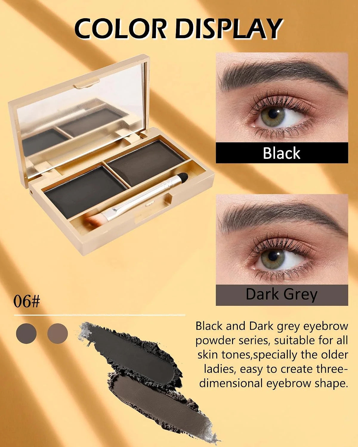 Waterproof Eyebrow Powder Kit for Women - Natural Dark Gray Brown Shades, Includes Brush & Mirror