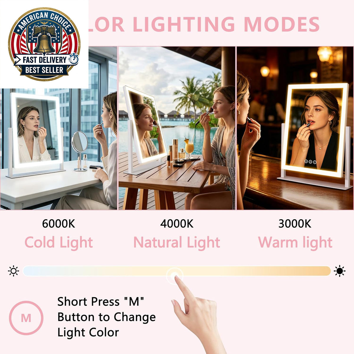 Lighted Vanity Mirror with 3 Color LED Lights, 16.7 x 13.2 Inch, 360° Rotation, Touch Control