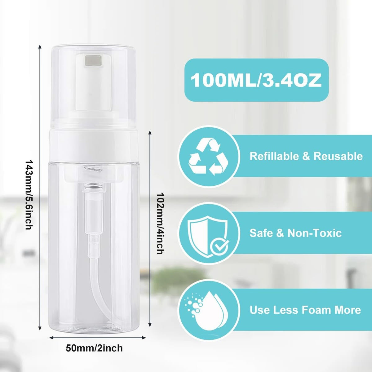 3 Pack 100ML Clear Plastic Foam Soap Dispensers with Spray Pump