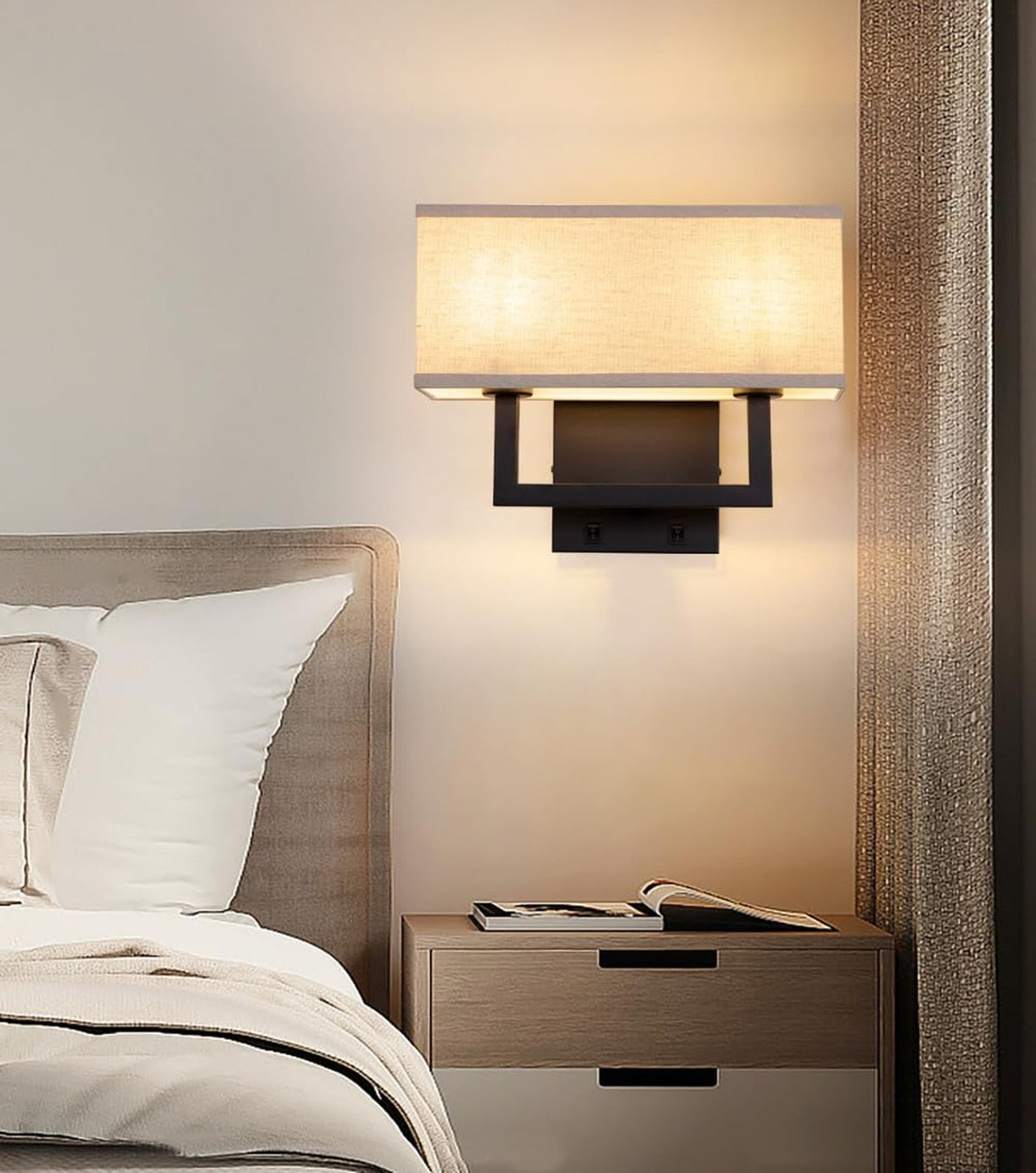 2-Light Linen Fabric Wall Sconce with On/Off Switch - Black Finish