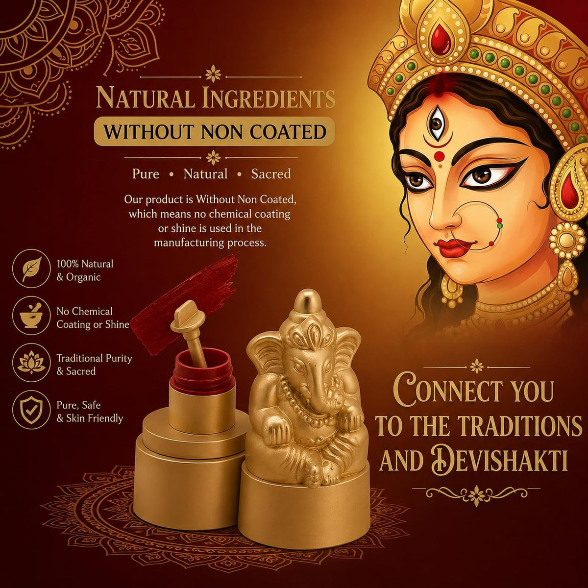 Organic Sindoor Powder with Ganesh Statue for Pooja & Tilak - Maroon