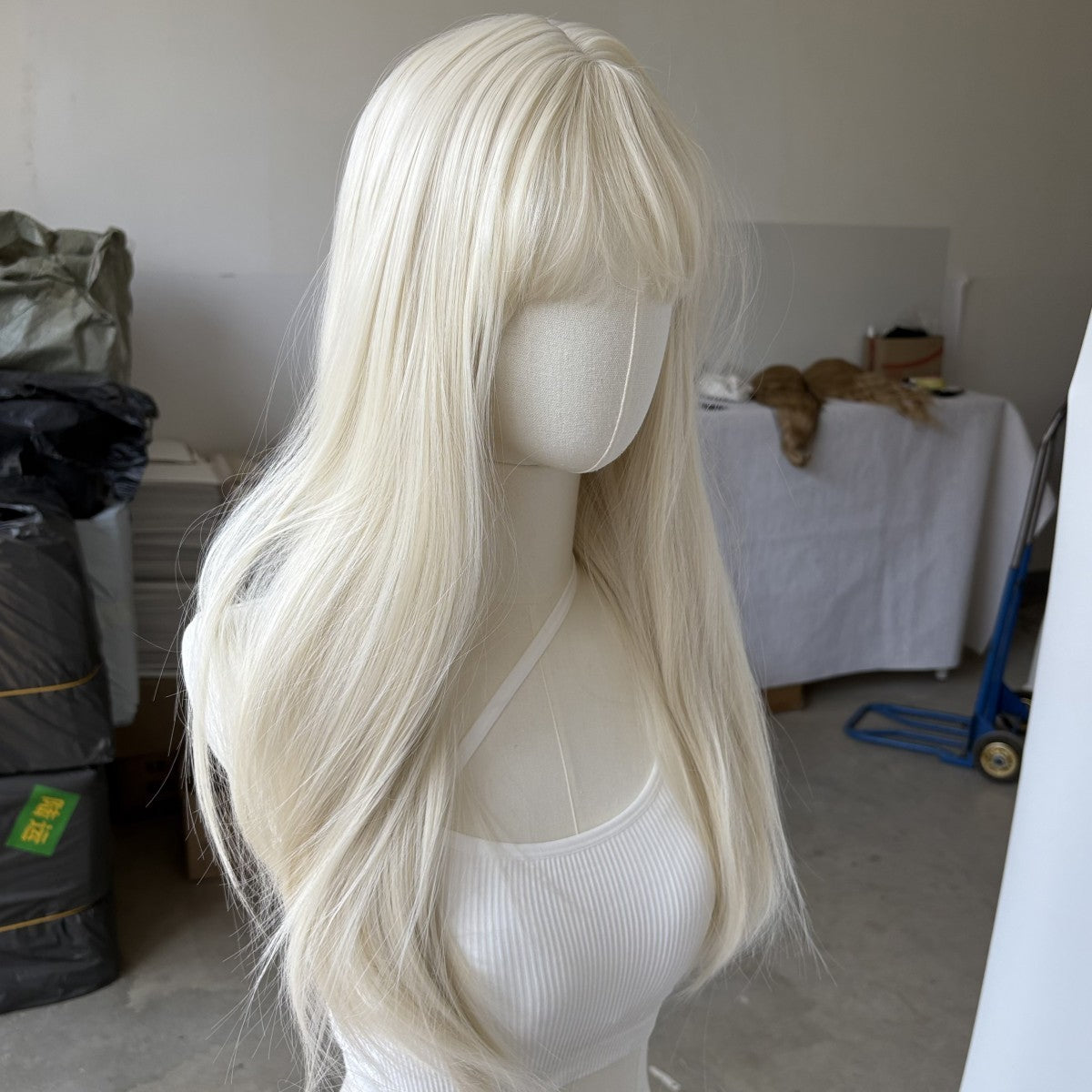 Platinum Blonde Synthetic Wig for Women Long Straight Costume Hair with Bangs
