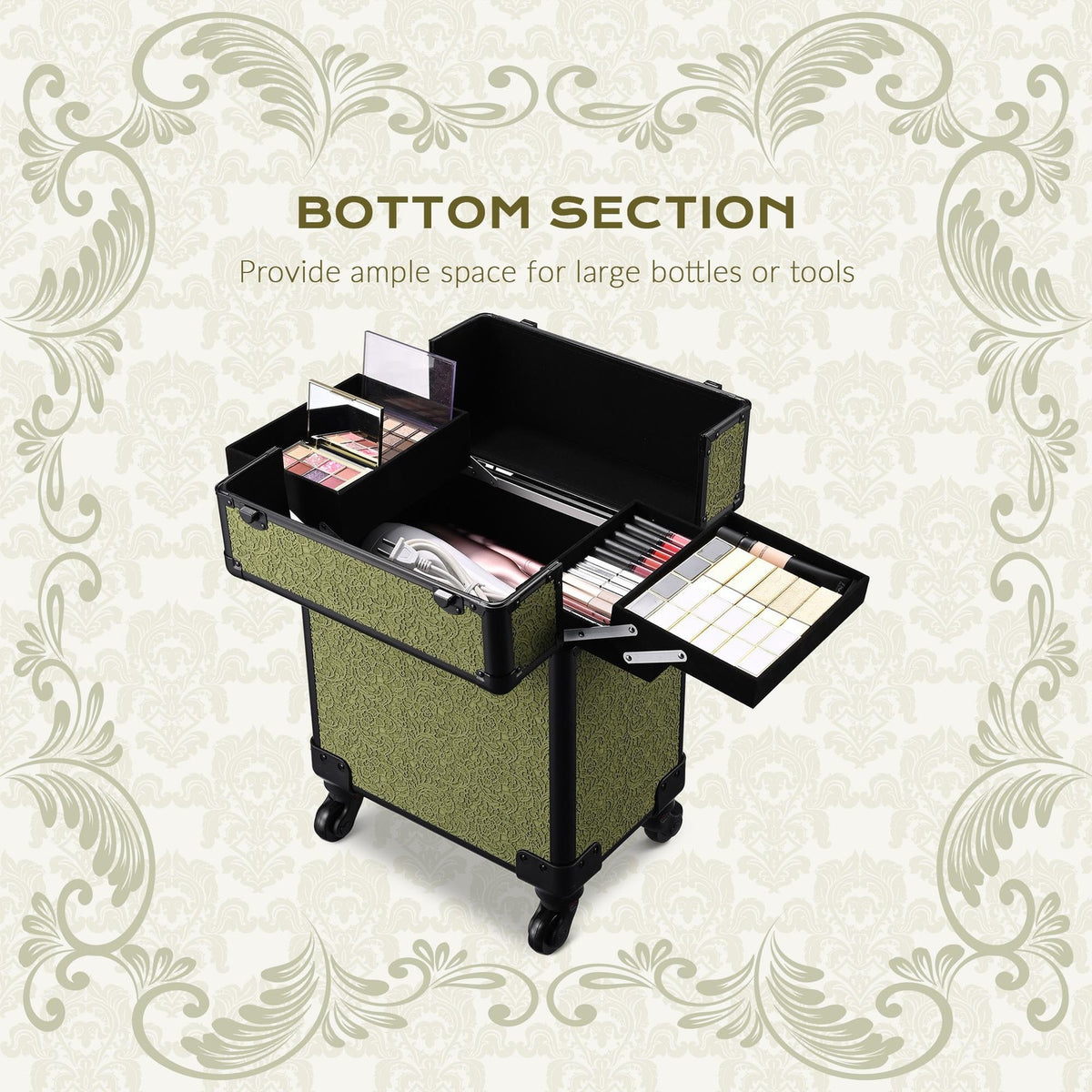Rolling Makeup Train Case with Extendable Trays and Large Storage - Rococo Moss