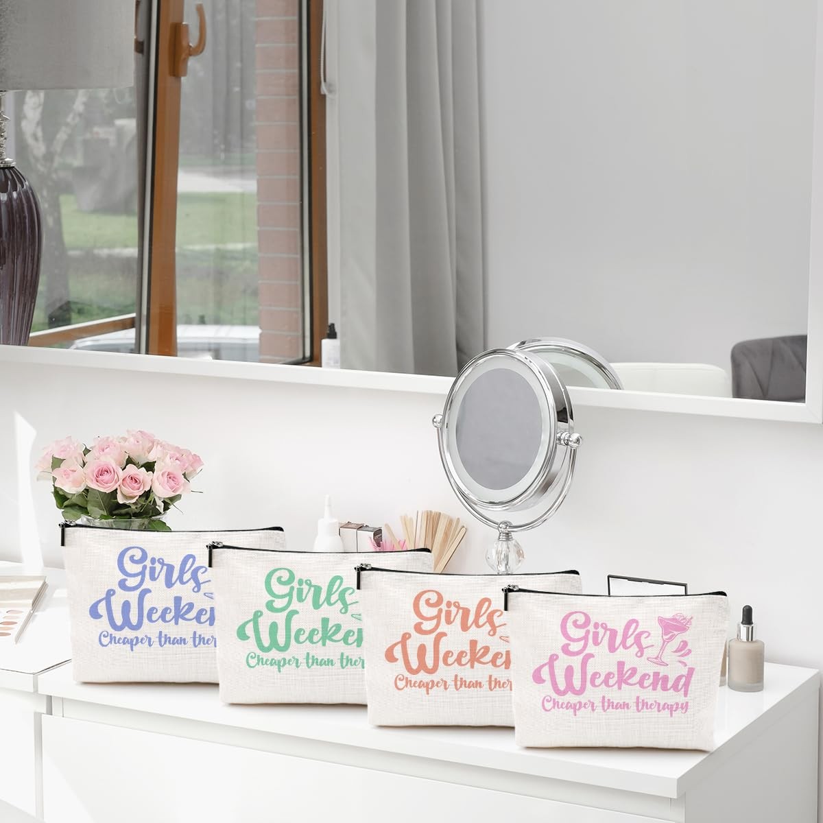 Girls Weekend Travel Makeup Bag - Multicolor Cotton Linen 9.6x7.4 inches Set of 4