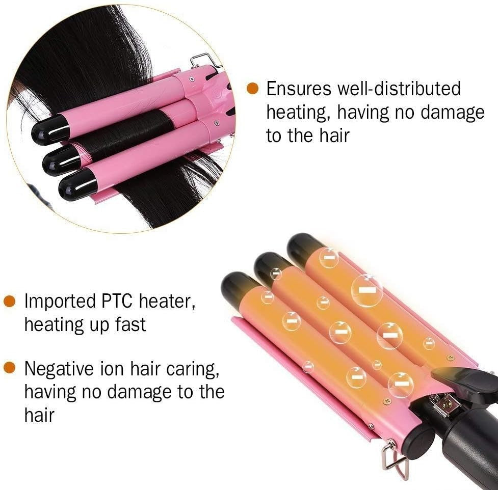 Ceramic 3 Barrel Curling Iron for Waves - Adjustable Temp & Fast Heat