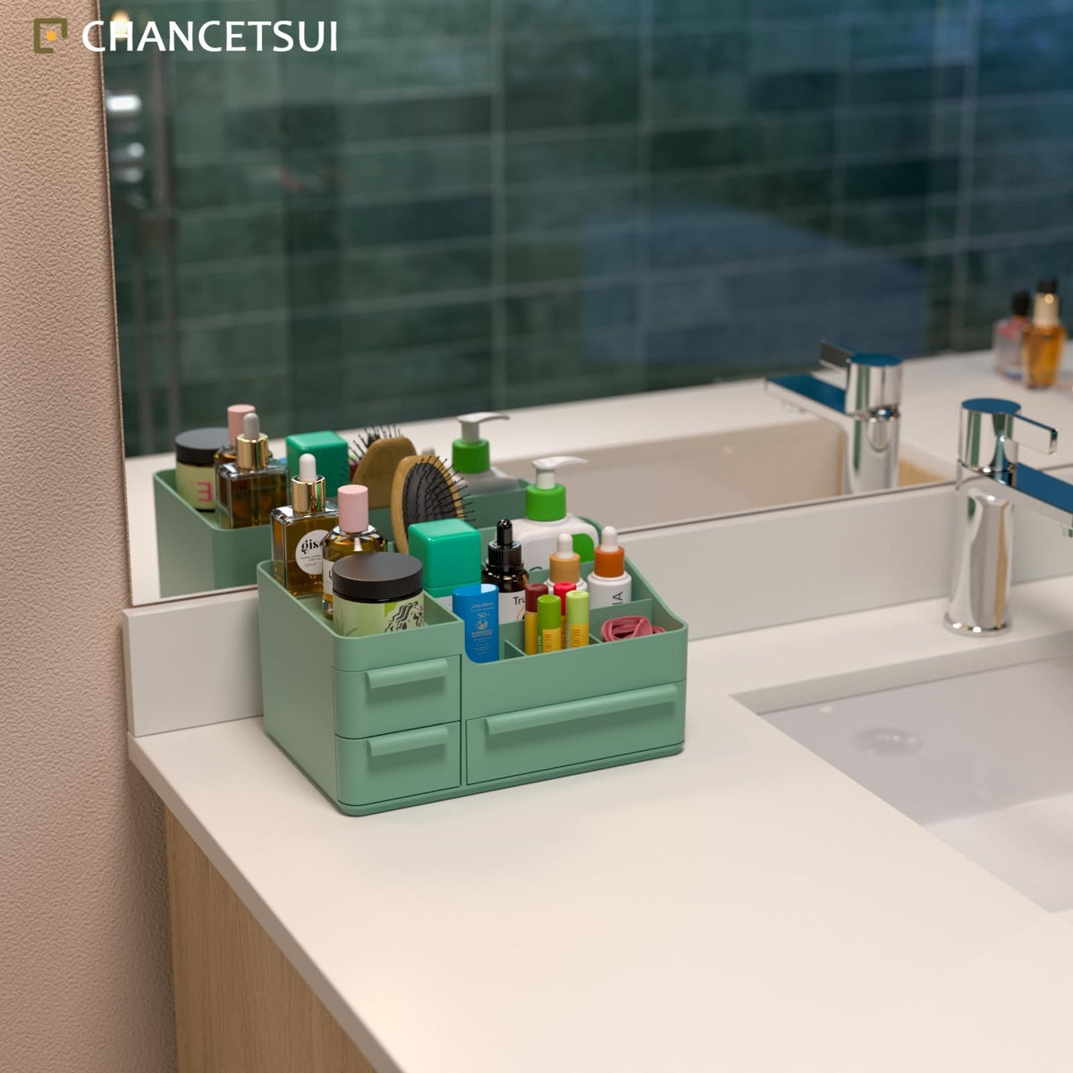 Green Makeup Organizer Countertop with Drawers - Vanity Storage Box