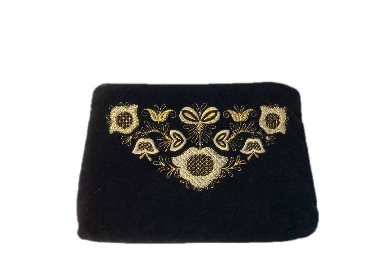 Golden Embroidery Velvet Cosmetic Bag with Zipper Black 9x6 inches