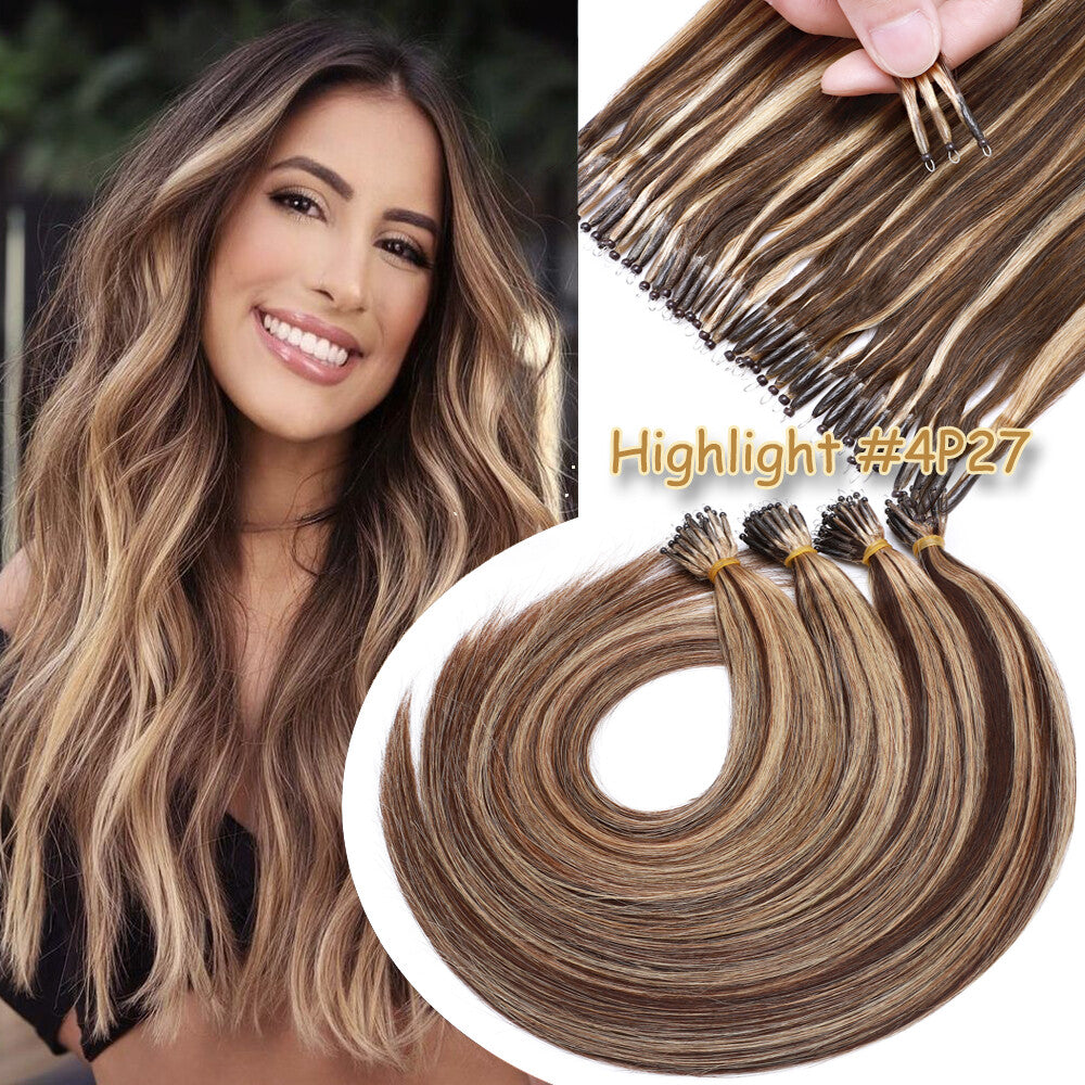 Thick Remy Human Hair Extensions Nano Ring Micro Loop Beads Caramel