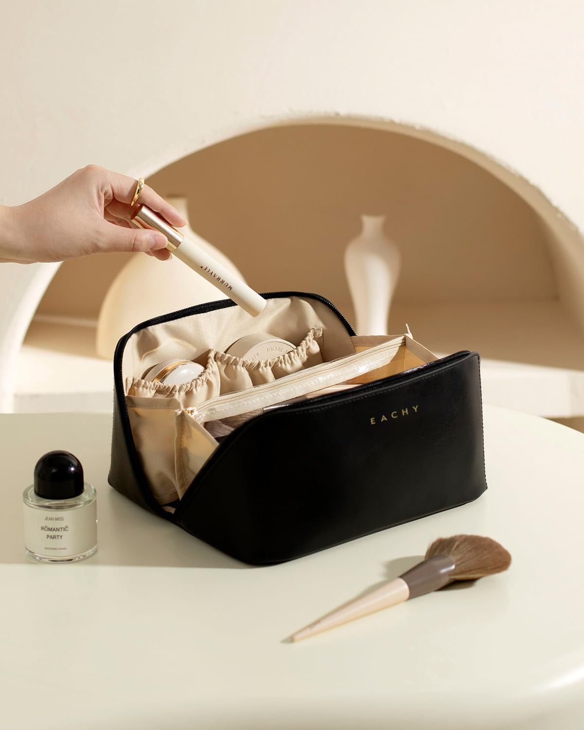 Travel Makeup Bag with Waterproof Fabric & Multiple Pockets - Large Capacity Cosmetic Organizer