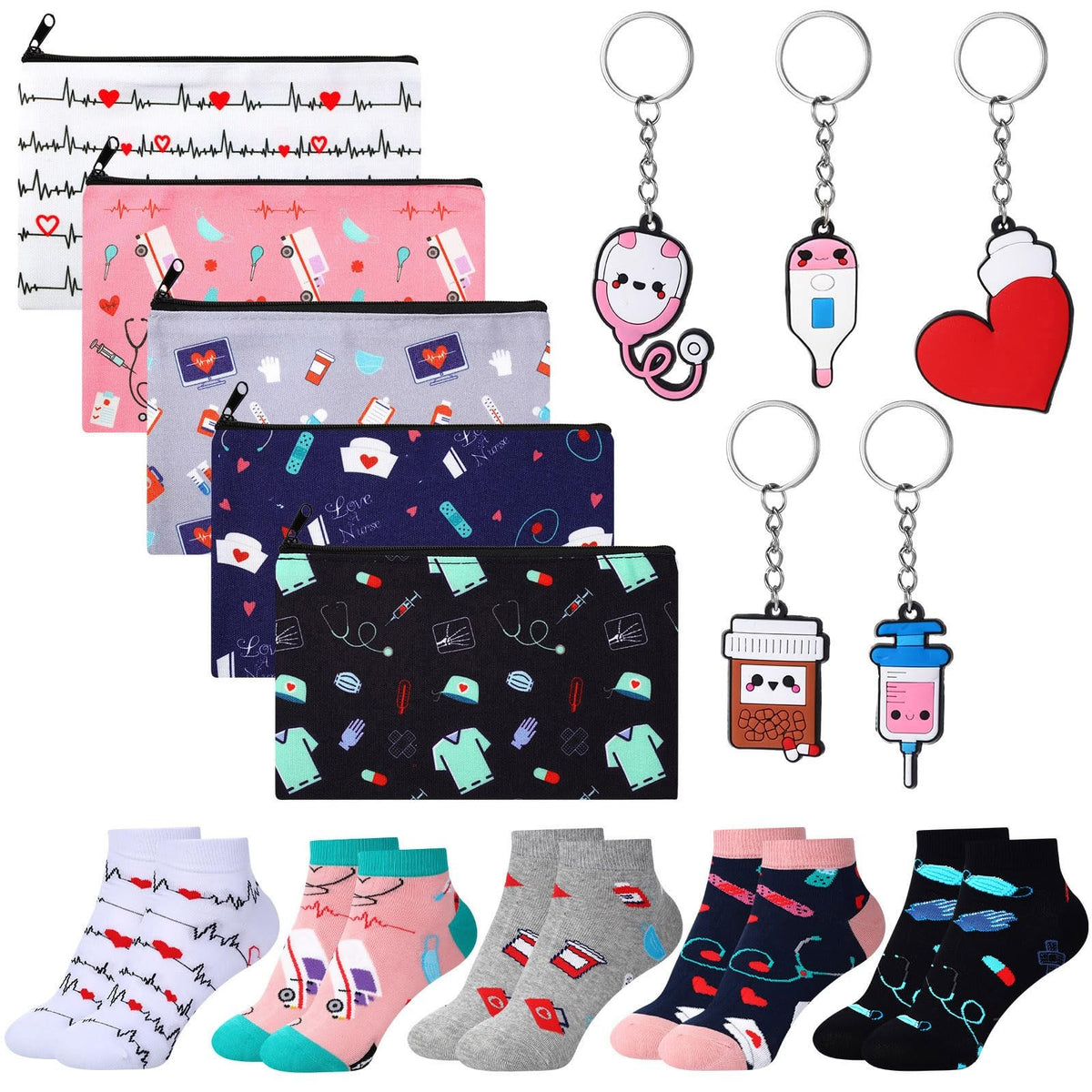 Nurse Appreciation Gift Set - Socks, Cosmetic Bag & Keychains - Bright Nurse Elements