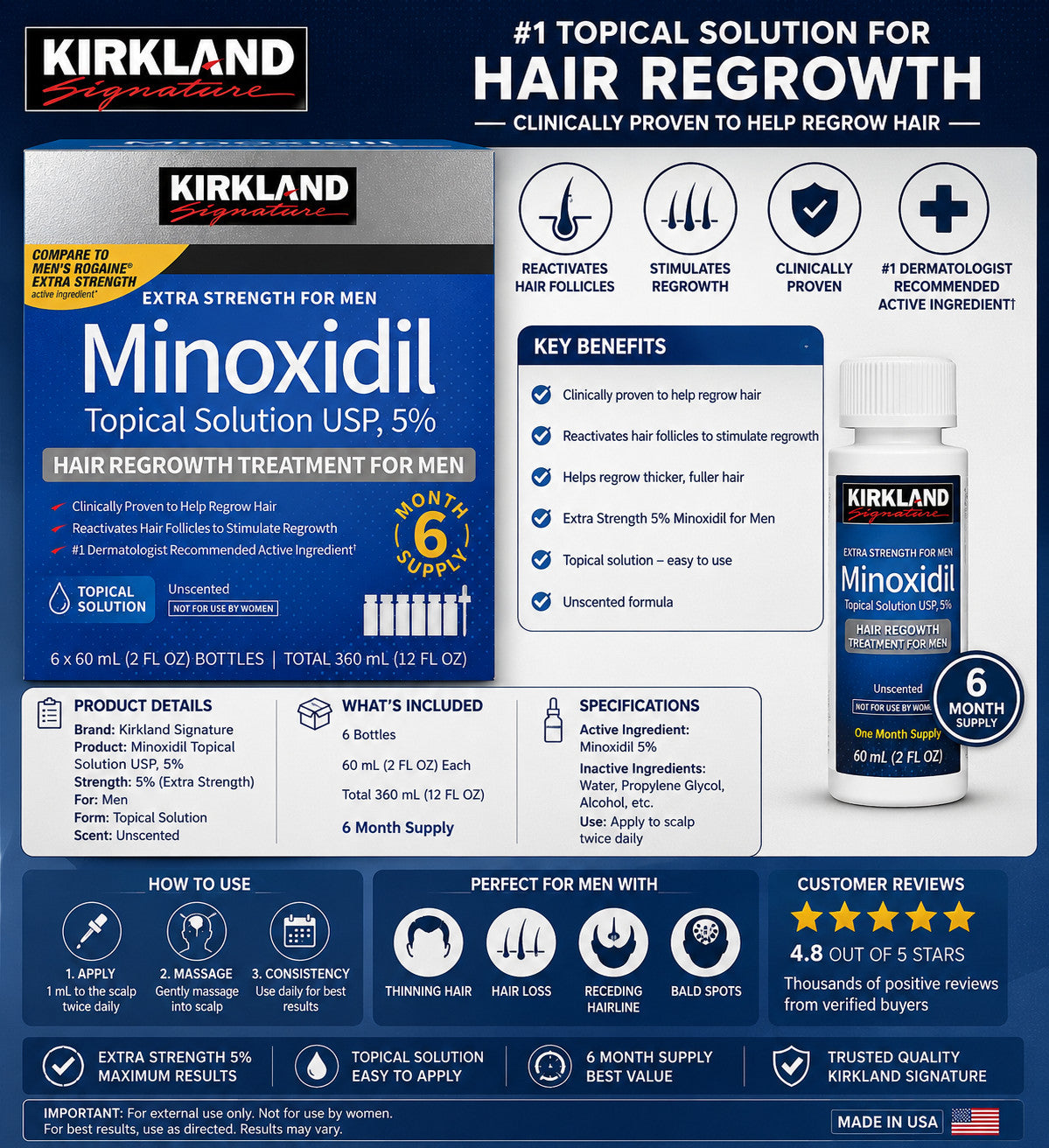 Minoxidil 5% Extra Strength Men Hair Regrowth - 6 Month Supply