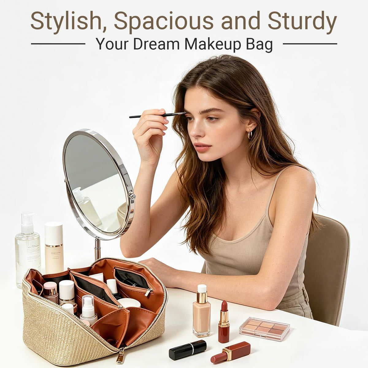 Travel Makeup Bag with Compartments Flat Open Cosmetic Pouch for Women