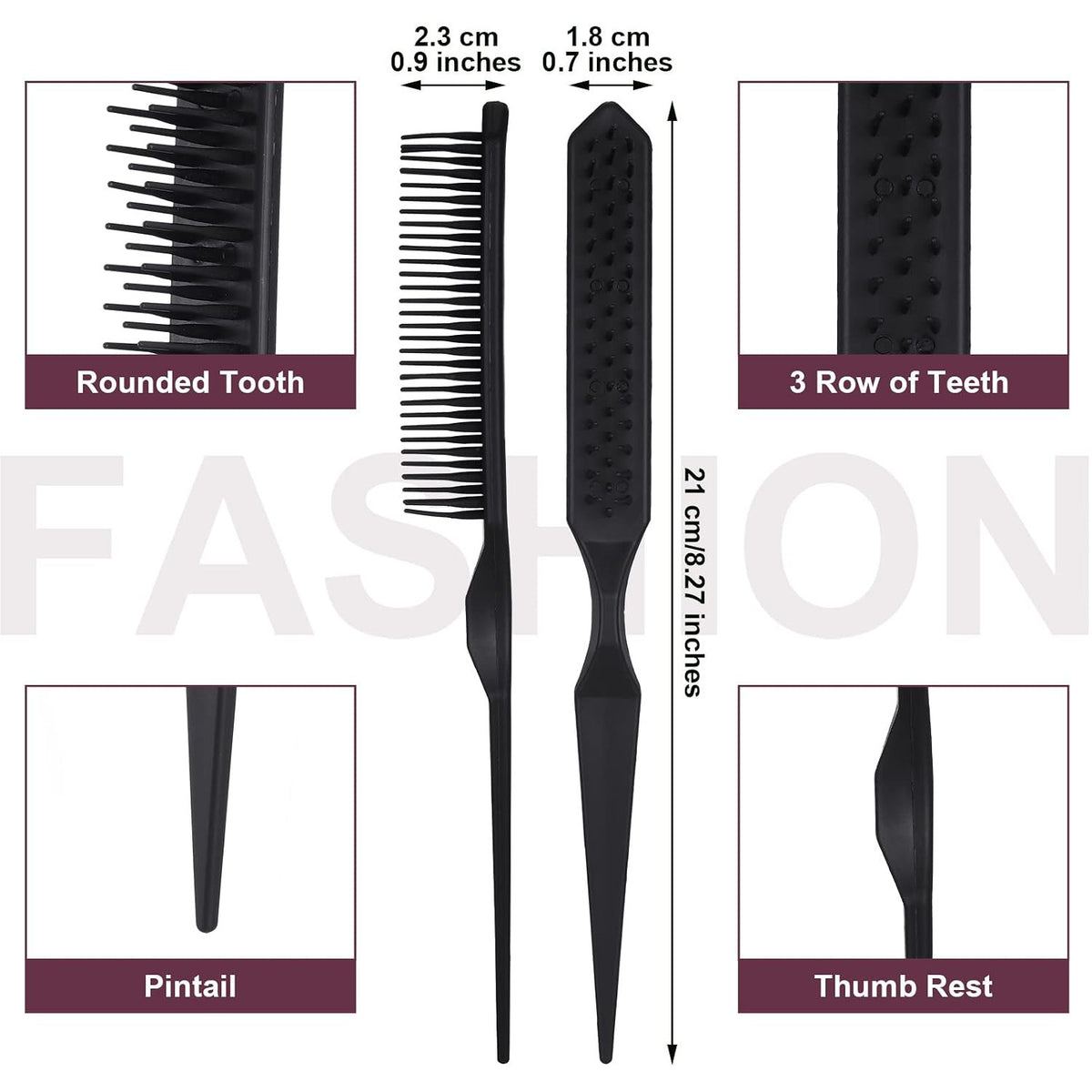 6 Pack Styling Combs for Detangling and Hair Separation - 3 Row Plastic Design