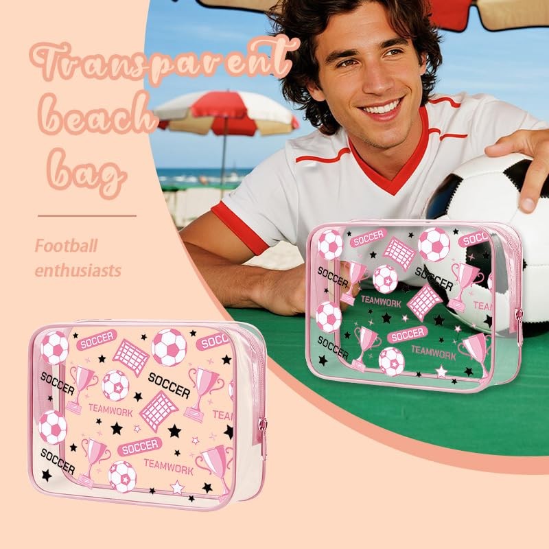 Soccer Clear Makeup Bag with Zipper - Pink Sports Cosmetic Organizer