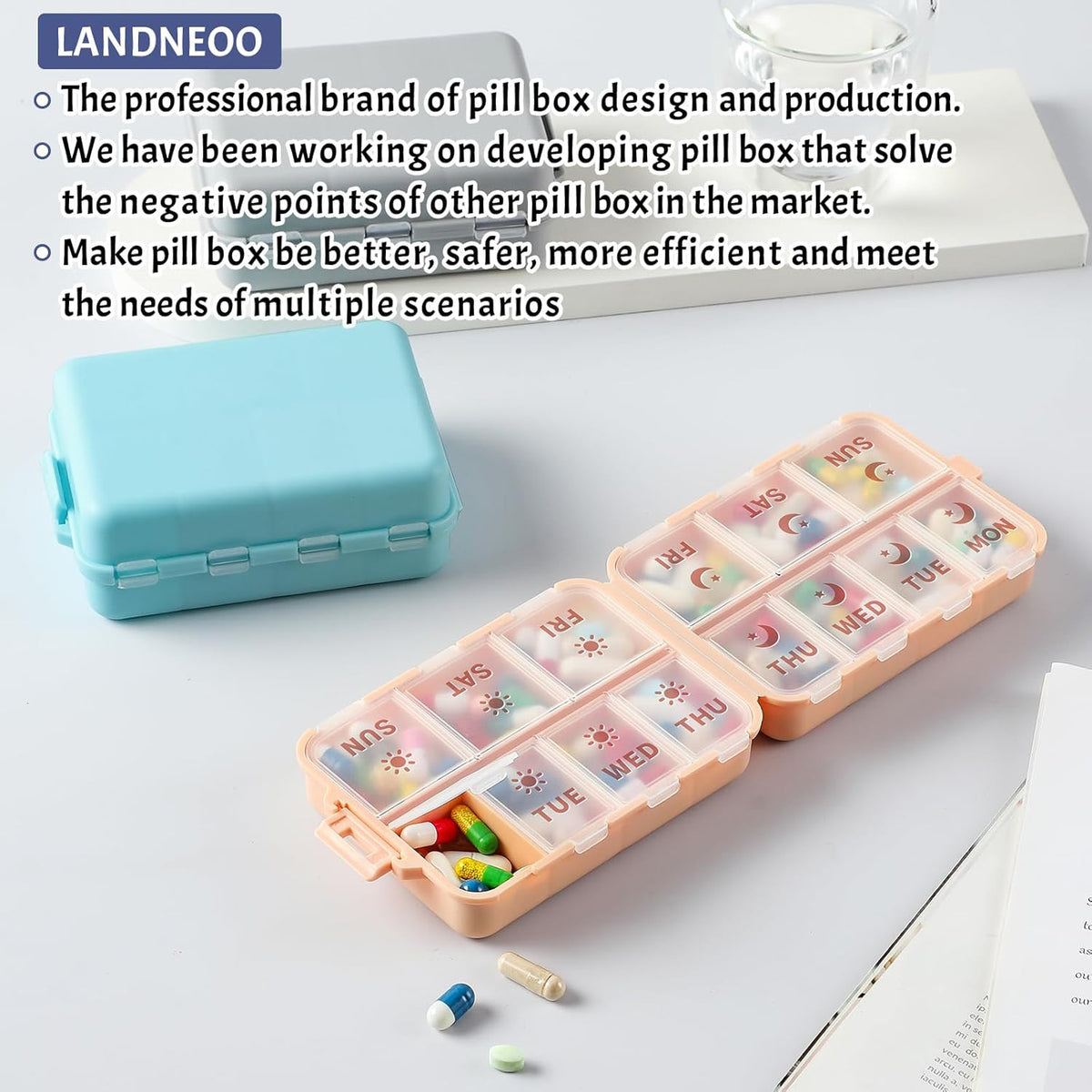 Foldable Weekly Pill Organizer with Etched Labels, 2 Doses a Day, Portable & Safe