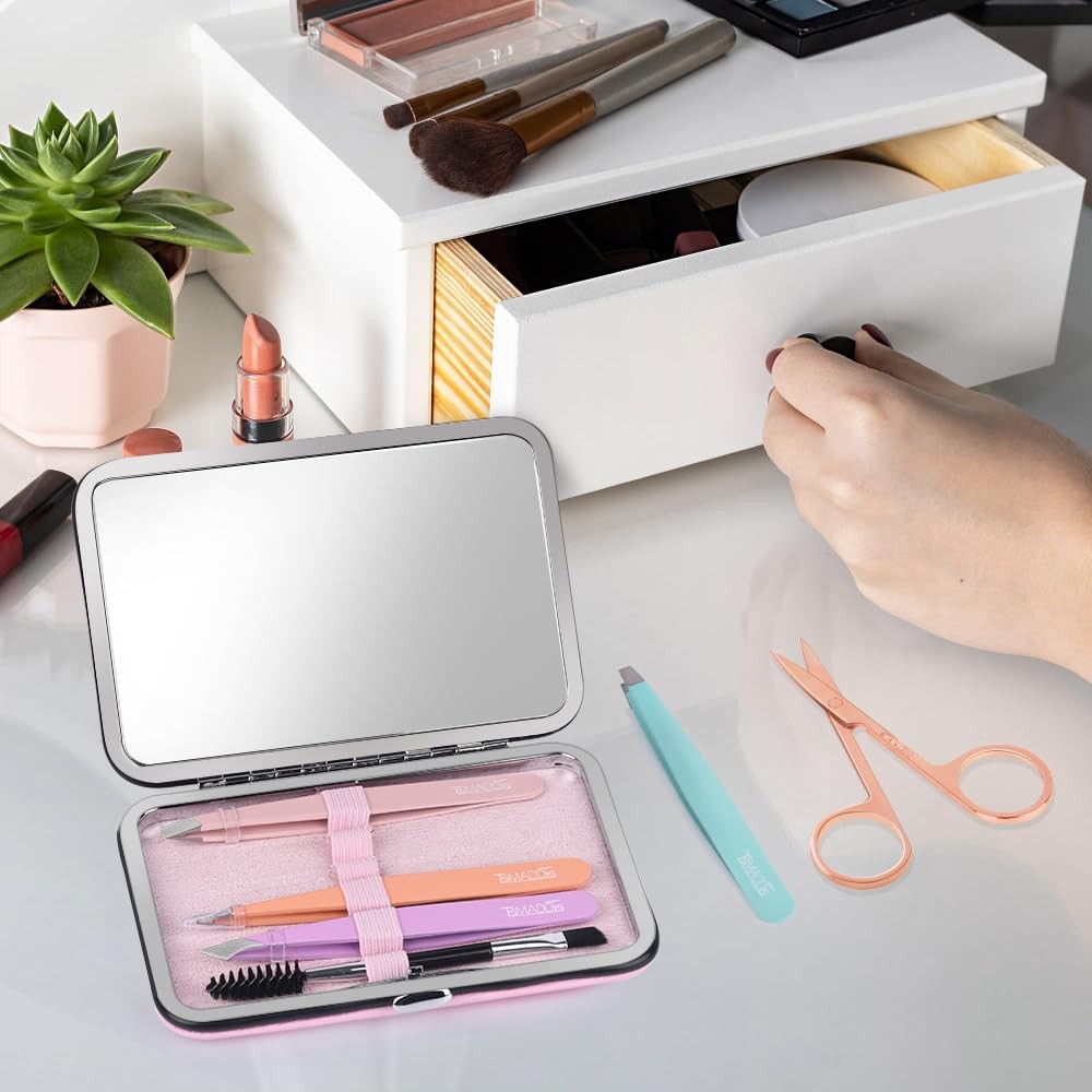 Facial Hair Tweezers Set for Women with Mirror - Precision Stainless Steel