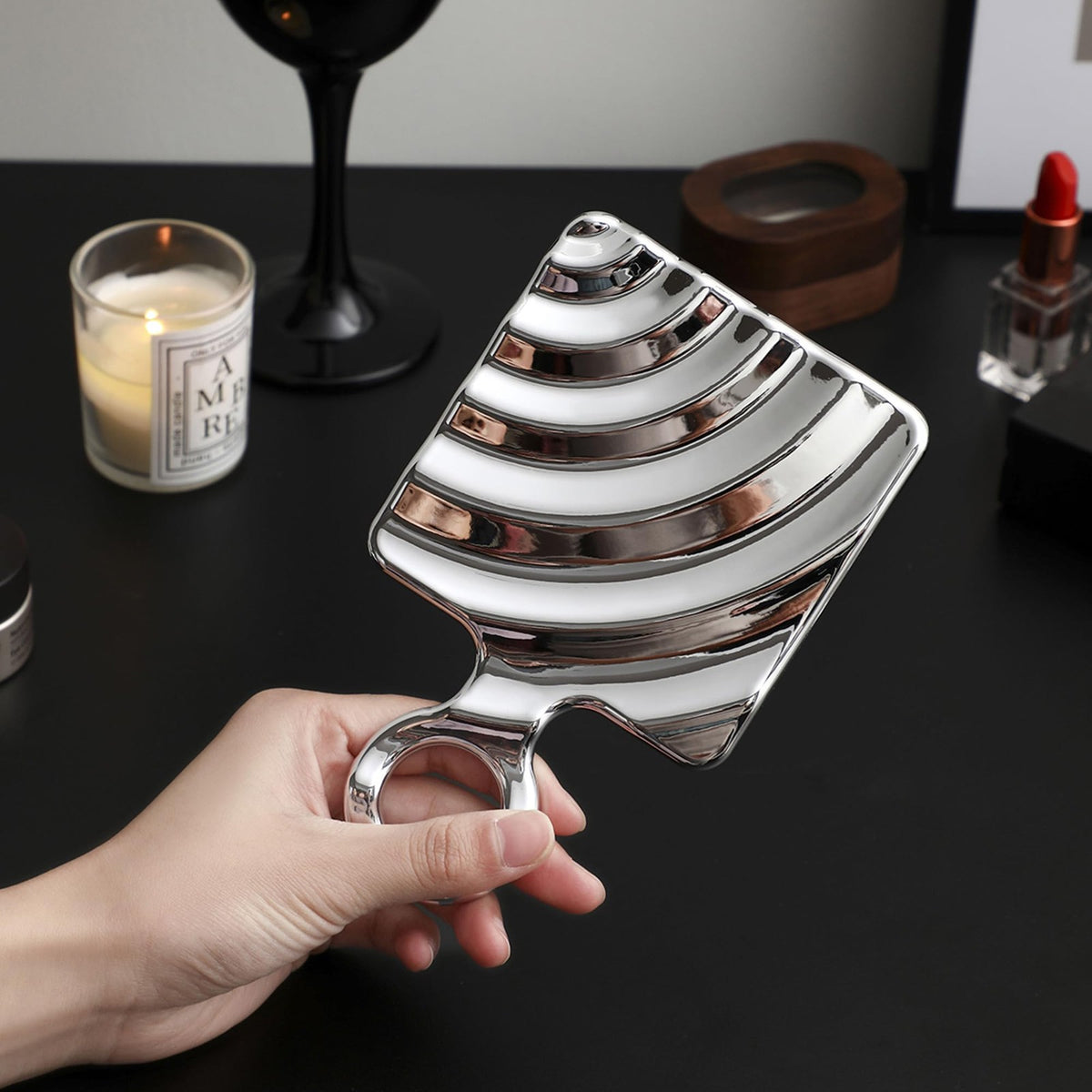 Square Handheld Mirror with Handle - Silver Makeup Mirror 6.5x4 Inch