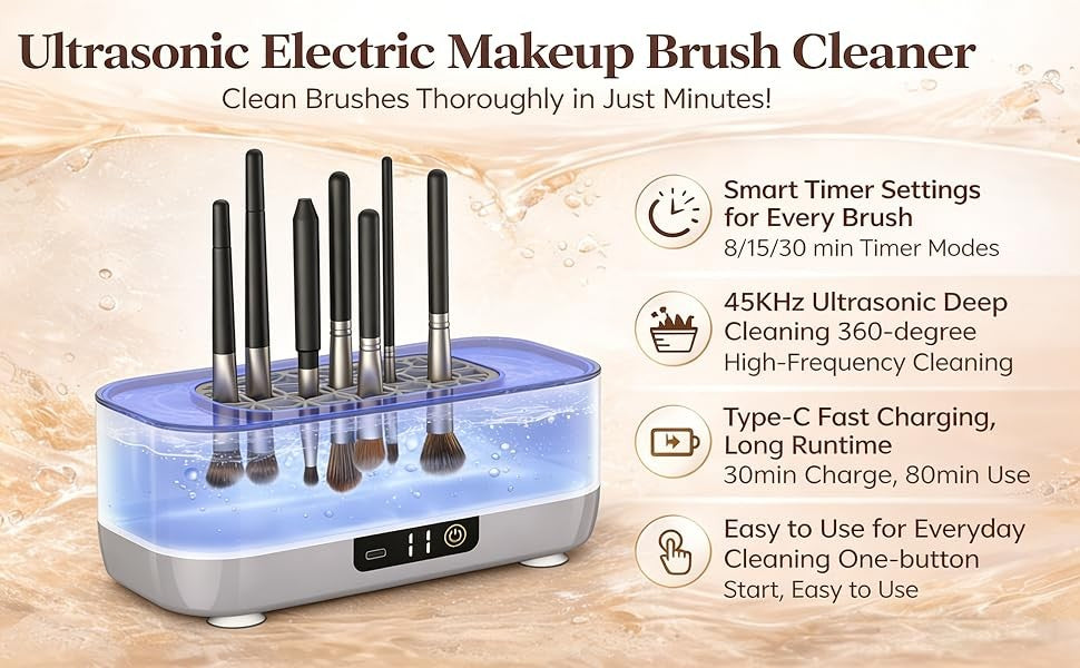 Ultrasonic Makeup Brush Cleaner Machine, 45KHz USB Rechargeable, 3 Timer Modes