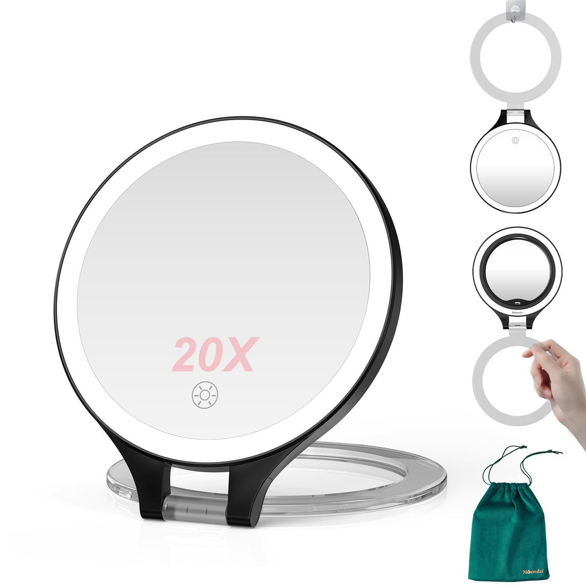 Travel Lighted Makeup Mirror 1X/20X Magnification Dimmable LED Black