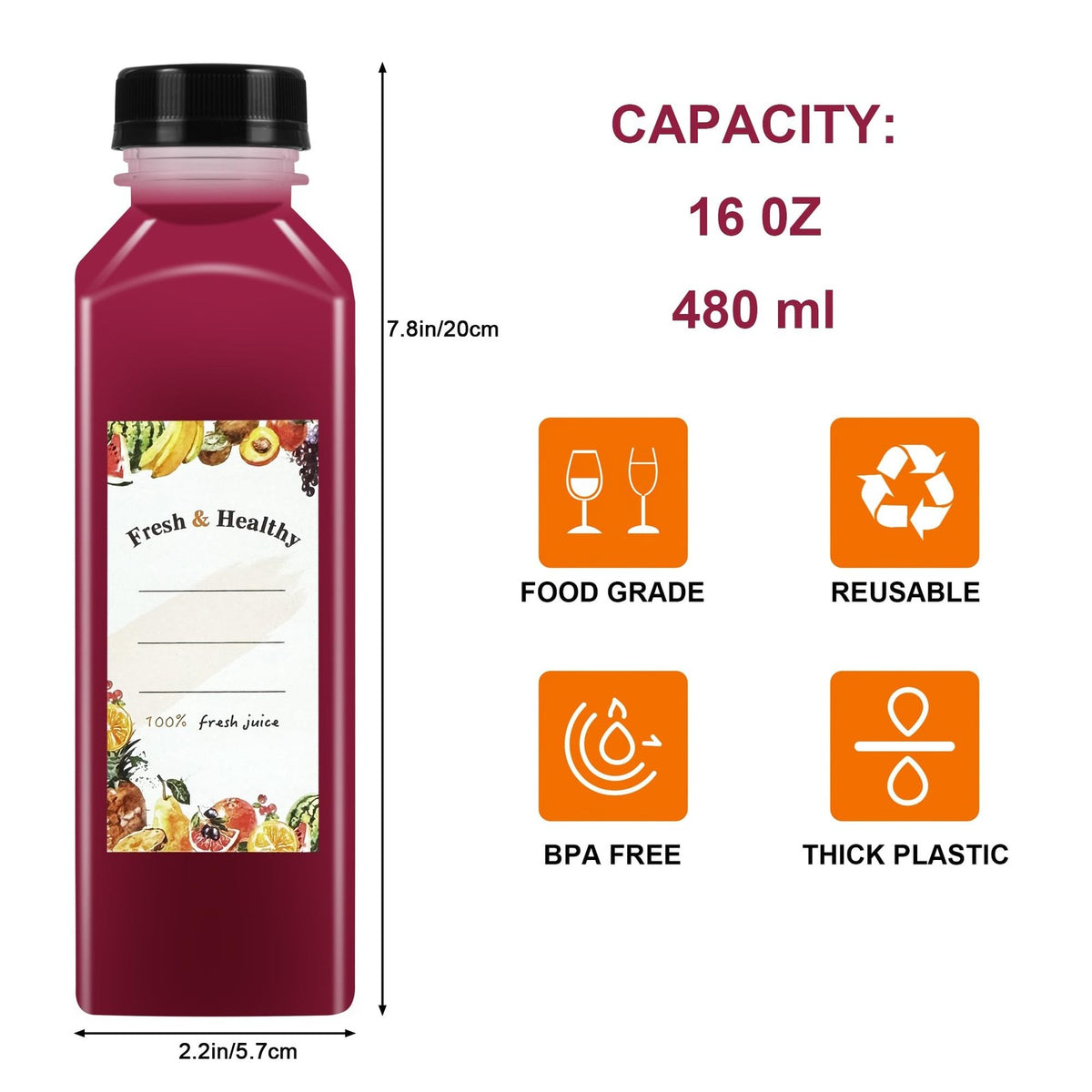 36 Pack 16 oz Reusable Plastic Juice Bottles with Airtight Lids