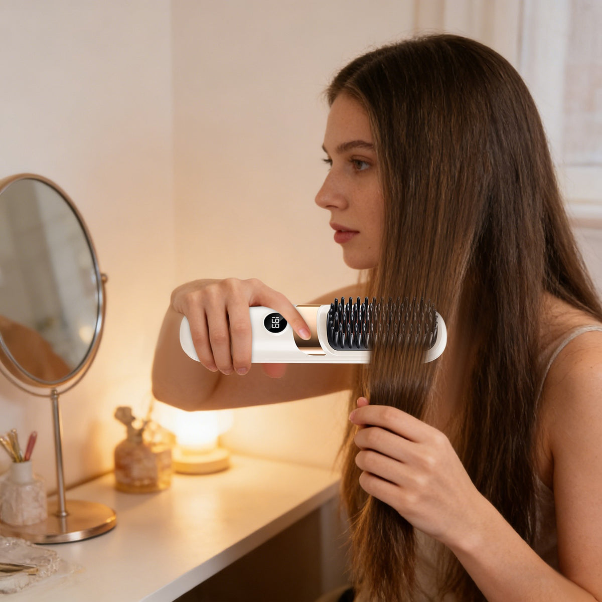 Portable Hair Straightener Brush with Ceramic Coating - White, Rechargeable & Digital Display