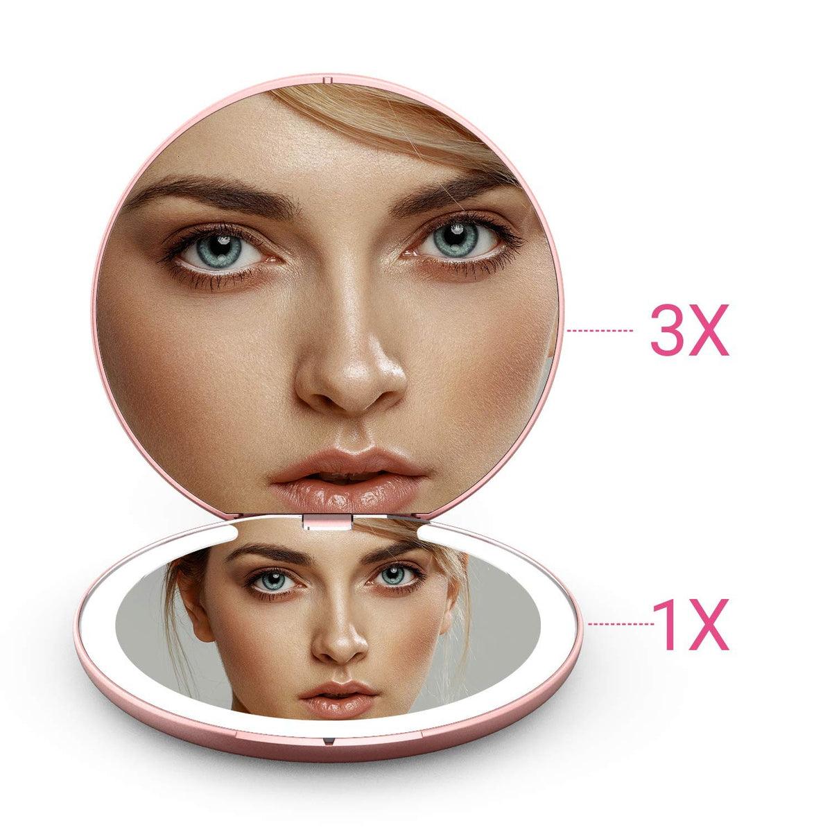 Rose Gold LED Travel Makeup Mirror with 1X/3X Magnification, Dimmable & Rechargeable