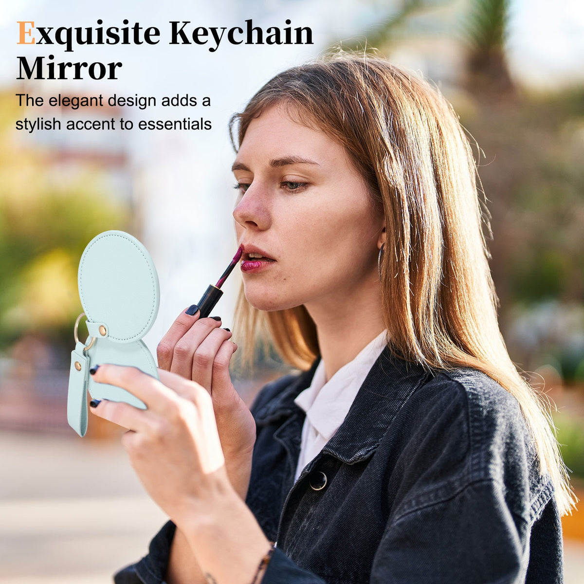 Keychain Mirror Compact with Leather Cover - Portable Round Makeup Mirror Orange Red