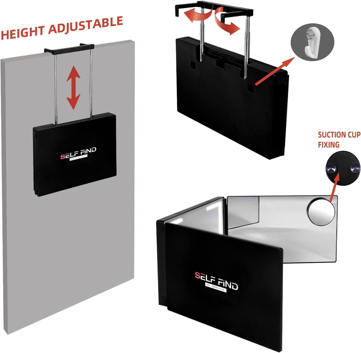 Rechargeable 3-Way Mirror with 8 LED Light Strips for Self-Haircut & Styling