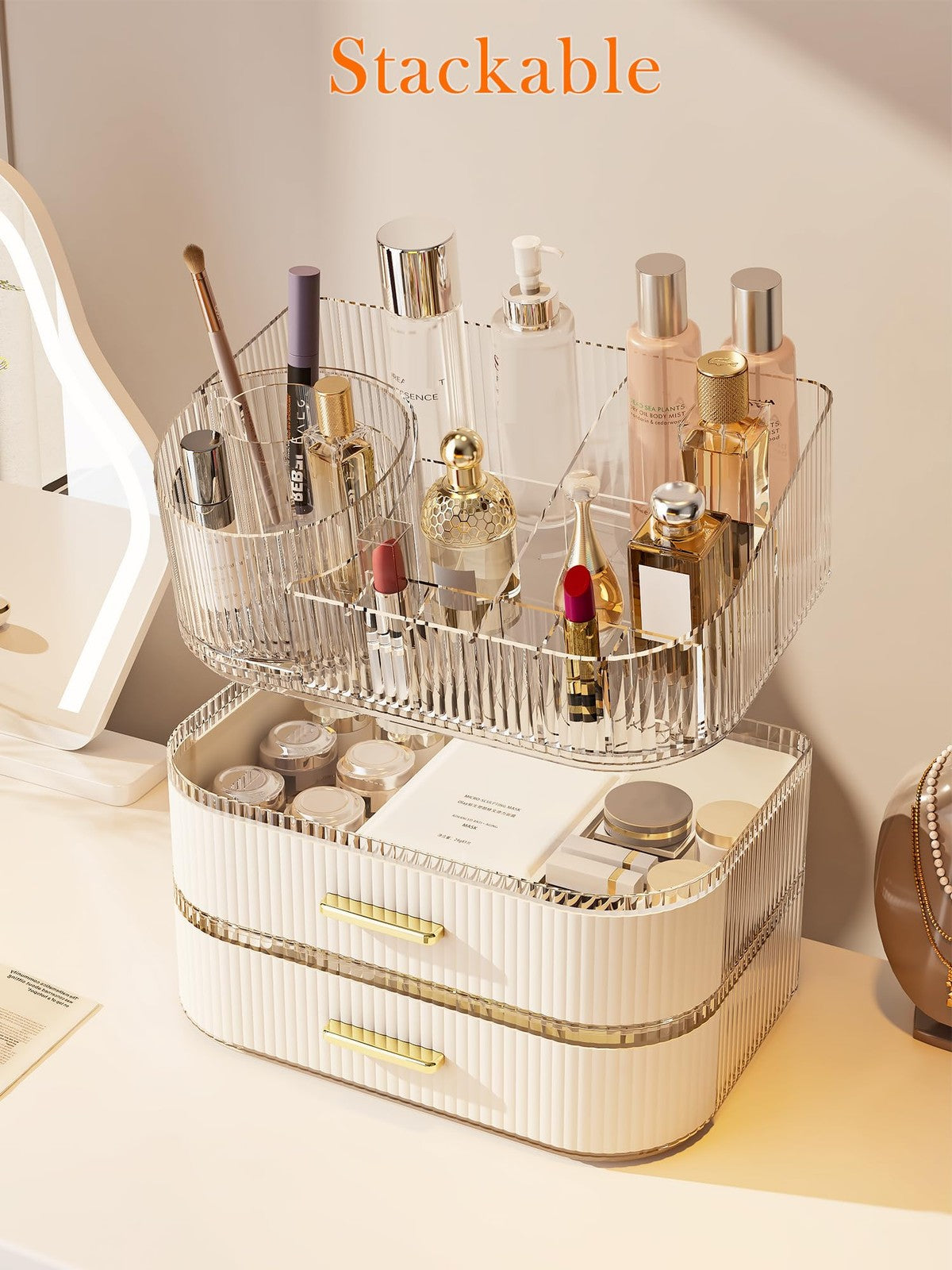 Stackable Makeup Organizer with Rotating Brush Holder and Large Display Case