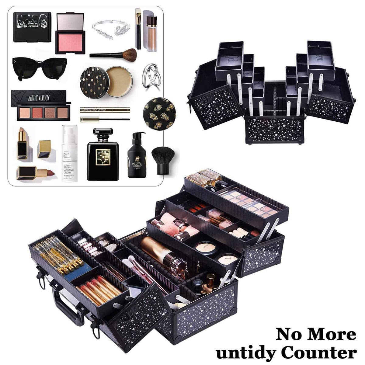 Large Makeup Train Case with 6 Adjustable Trays and Locking Lid - Professional Cosmetic Organizer