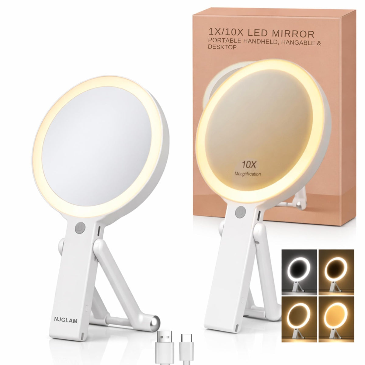 Double-Sided LED Makeup Mirror 1X 10X Magnification with 3 Light Modes